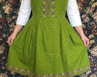 Vintage Austrian Dirndl Dress Green Floral Trachten Midi Cottagecore Milkmaid Folk Dress Size 10 12