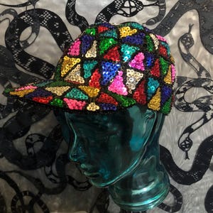Vintage JC \'80s New Orleans Sequined Harlequin Pattern Marti Gras Baseball Hat Mardi Gras Sequin Baseball Cap – Harlequin Pattern - Etsy main image 2
