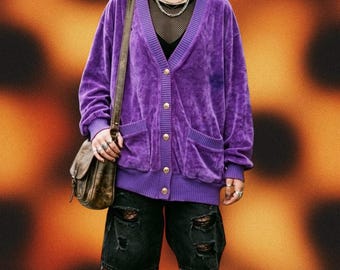Vintage Purple Velour Cardigan Sweater Oversized Gold Button Plush Knit Jacket Drop Shoulder 80s 90s Streetwear Cozy Unisex Stanly Large