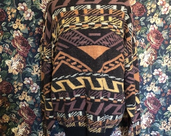 Vintage 80s 90s Geometric Sweater XL | Retro Earth Tone Knit | Grandpa Core Pullover | Dark Academia Clothing | Cozy Grunge Winter Top