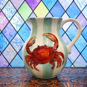 Hand Painted Crab Pitcher - Coastal Nautical Ceramic Jug