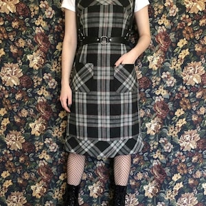 grey plaid pinafore dress Handmade Wool Pinafore Dress Gray Sleeveless Midi