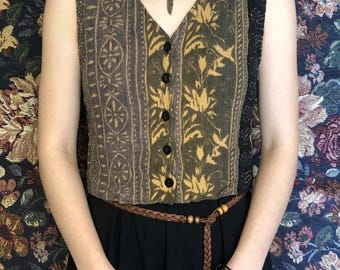 Vintage 90s Patchwork Crop Vest Boho Grunge Fairycore | Serendipity Maui Earth Tone Rayon V-Neck Button Up Top | Whimsigoth festival S