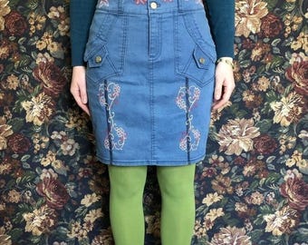 Vintage Y2K Embroidered Corset High Waist Denim Skirt 28 | 90s McBling Floral Western Twill Pencil Mini Skirt | Indie Sleaze Retro Size 6