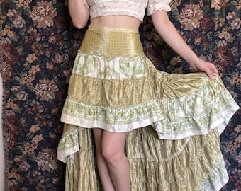 Whimsigoth High Low Maxi Skirt Fairycore Cottagecore Ruffle Tiered Festival Skirt Boho Gypsy Satin Tiered Olive Green Paisley Skirt