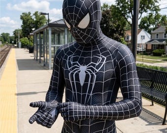 Adult Black Spiderman Costume – Full Body Spider Suit with Mask, Web Print Bodysuit, Halloween Cosplay Outfit for Men