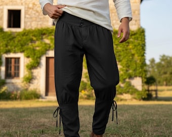 Men’s Medieval Viking Trousers – Linen Cotton Pants, Renaissance LARP Costume, Pirate Breeches, Drawstring Leg Pants