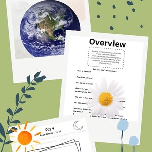 May include: A printable worksheet for a children's religious education class about the creation story. The worksheet features a sun, a moon, and a daisy. The text on the worksheet reads "Day 4 Read Genesis 1:14-19" and "Luminaries in the expanse of the heavens to give light on the earth."