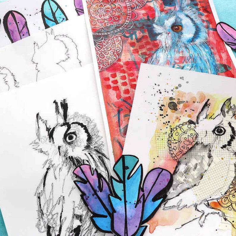 Mixed Media Art Online Workshop With Kim Dellow Scribble Owls. Painting and drawing art workshop. image 2