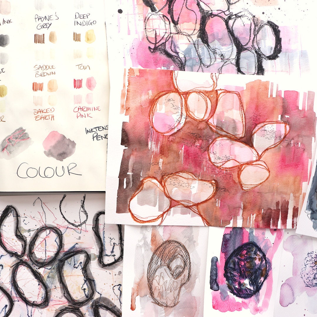 Mixed Media Art Online With Kim Dellow Inspired by Nature Stones. Mark Making and