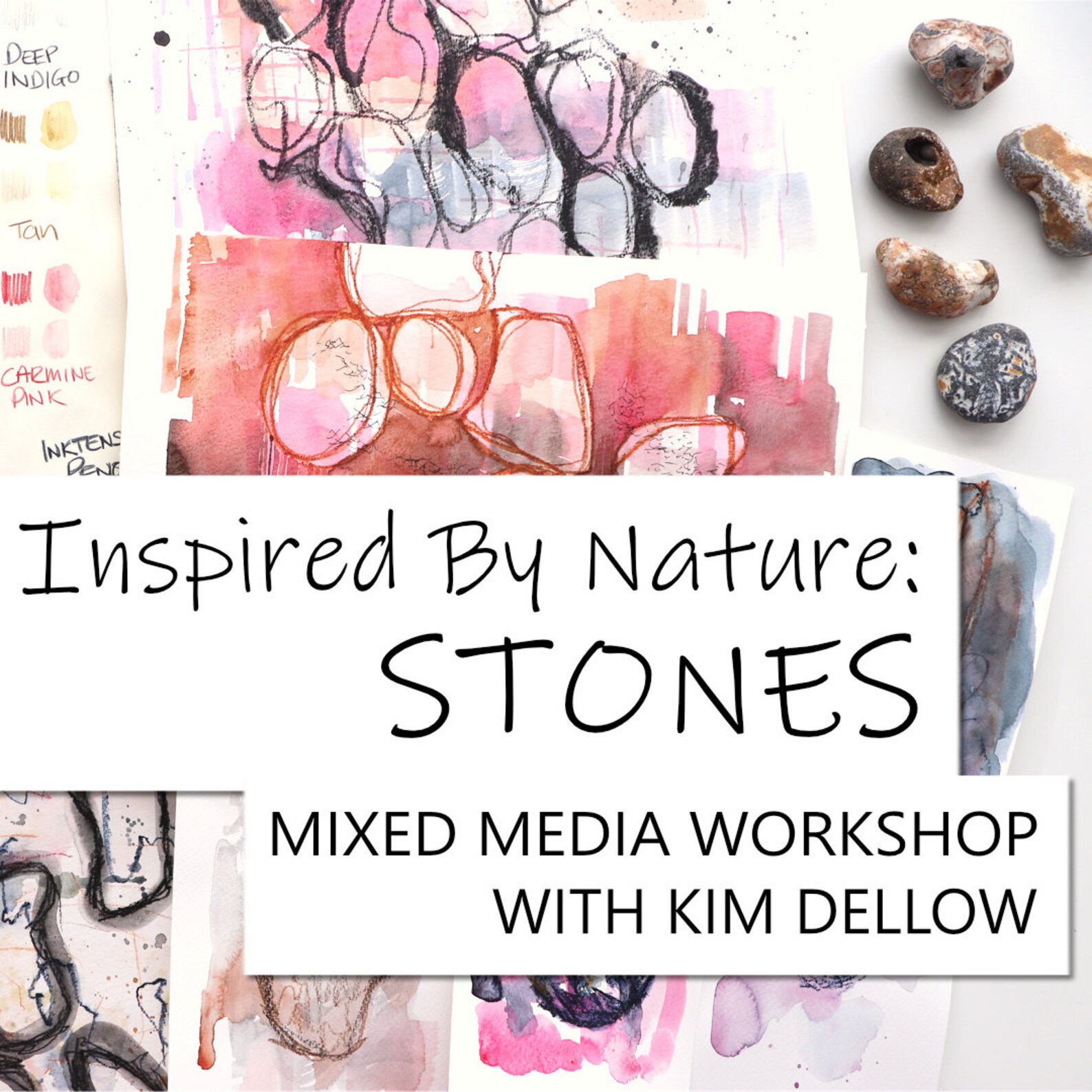 Mixed Media Art Online With Kim Dellow Inspired by Nature Stones. Mark Making and