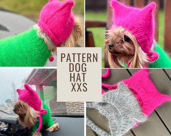May include: A knitting pattern for a small dog hat. The pattern is called "Dog Hat XXS" and is shown in four different images. The hat is pink and has a pointed top. The hat is shown on a small dog in three of the images. The dog is wearing a green sweater in one of the images.