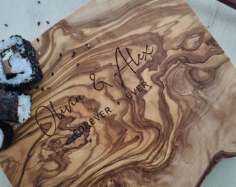 Personalised Wedding Gift | Live Edge Rustic Olive Wood Cheese Board | Engraved Couple's Names | Forever & Ever Present
