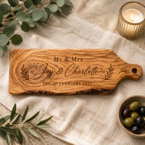 Personalised Live Edge Solid Olive Wood Paddle Serving Board | Cheese Board with Handle Wedding Gift | Engraved Engagement Present