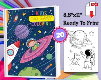 Könnte beinhalten: Ein Malbuch für Kinder mit Weltraumthema. Das Cover zeigt eine farbenfrohe Illustration einer Rakete, Planeten und eines Astronauten in einem Raumschiff. Das Buch ist 21,59 cm x 27,94 cm groß und hat 20 Seiten. Der Text auf dem Cover lautet "KIDS BIG EASY COLORING".