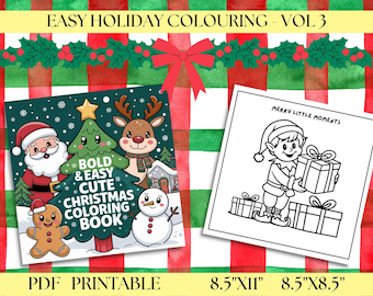 May include: A Christmas-themed coloring book with a cover featuring Santa Claus, a reindeer, a Christmas tree, a gingerbread man, and a snowman. The book is labeled "Bold & Easy Cute Christmas Coloring Book". A second coloring page shows an elf with gifts. The dimensions are 8.5" x 11" and 8.5" x 8.5".