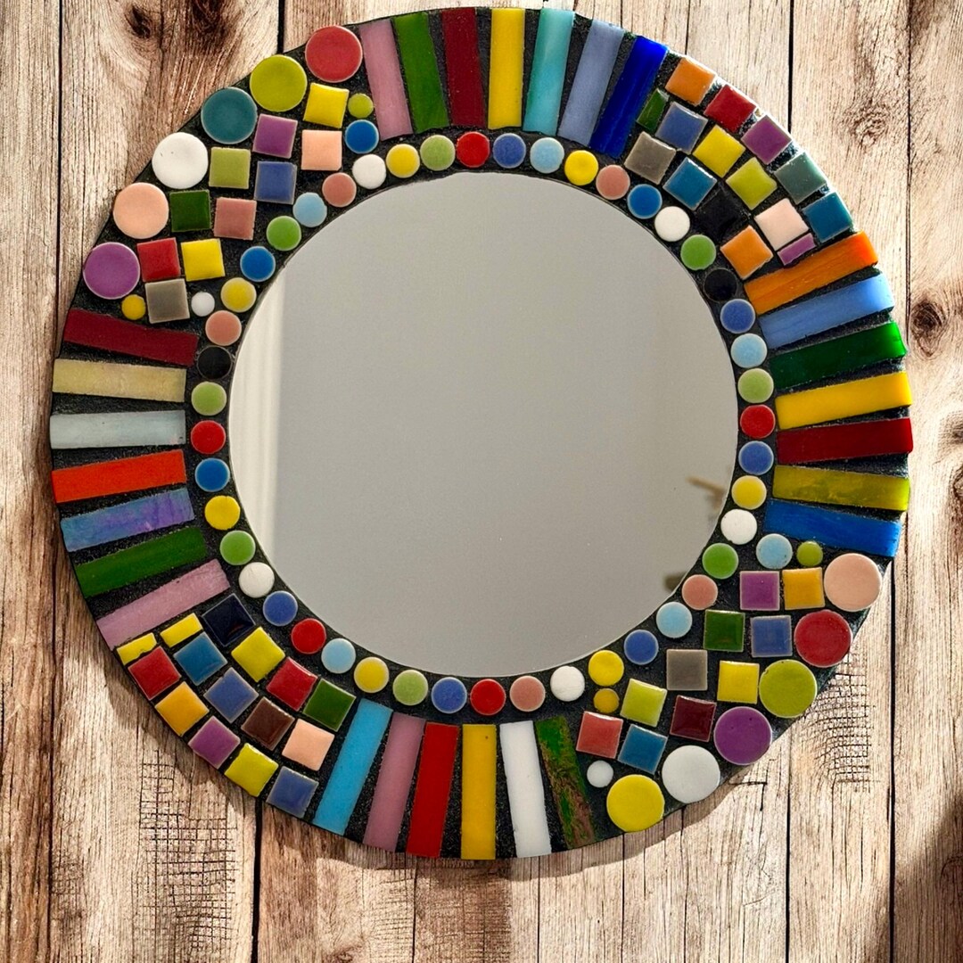 Handmade Round Mosaic Glass Tile Mirror- Colorblock 10” - Etsy