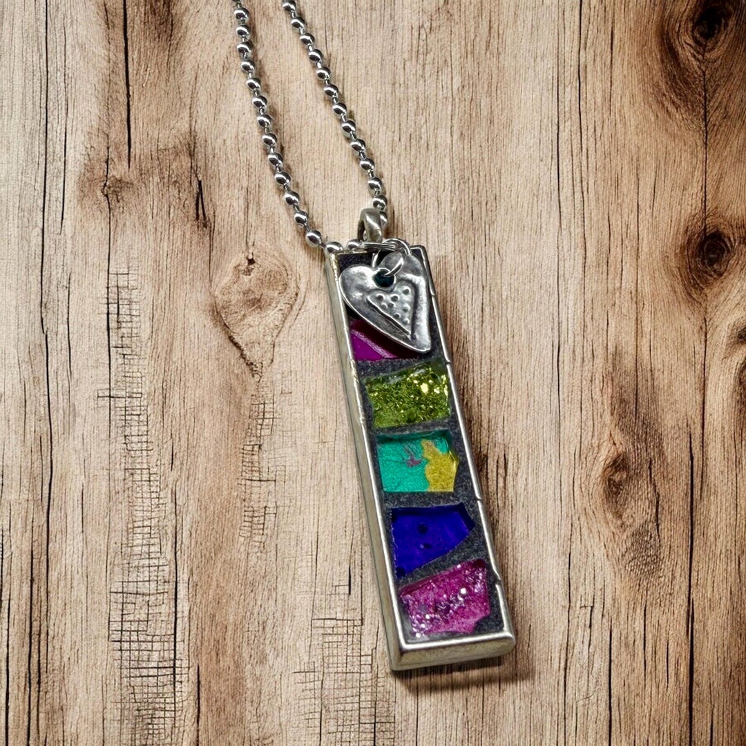 Mosaic Colorblock Handmade Stained Glass Necklace 24” Fashion Art Blues ...