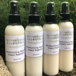 May include: Three white plastic bottles with black spray tops and labels that read "Merrimack Valley Essentials" and "Moisturizing Natural Insect Repellant" with a net weight of 4 ounces.