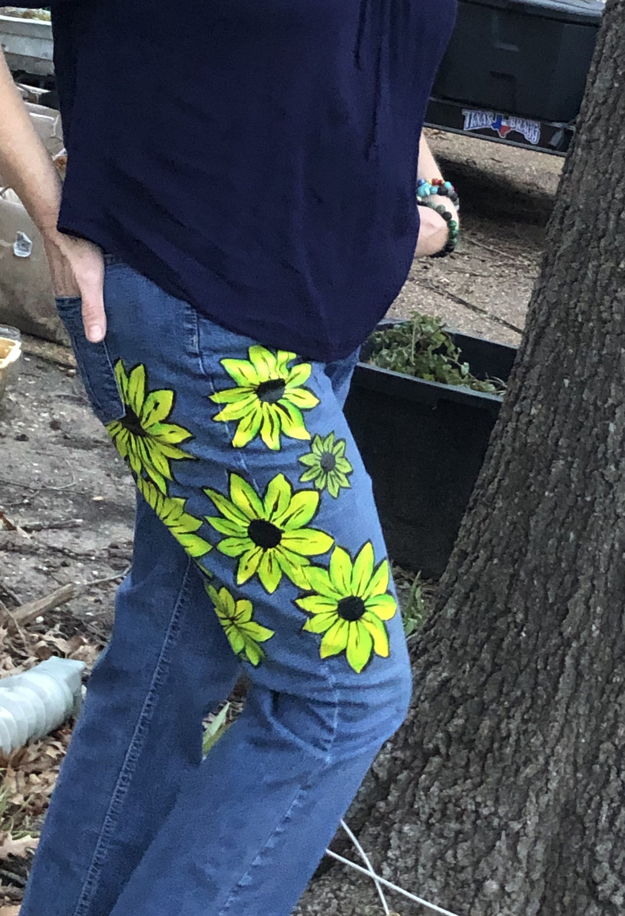 Sunflower Hand Painted Jeans Upcycled Wearable Art -  Israel
