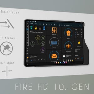 May include: A black tablet with a screen displaying a home automation system interface. The screen shows icons for various functions, including energy management, blinds, lighting, and temperature control. The text "FIRE HD 10. GEN" is displayed below the tablet.