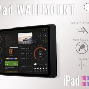 May include: A black iPad mini 6 or 7 wall mount. The mount is designed to slide the iPad in and out, with no need for adhesive. The iPad is displaying a home screen with various widgets, including a temperature reading of 22 degrees Celsius.