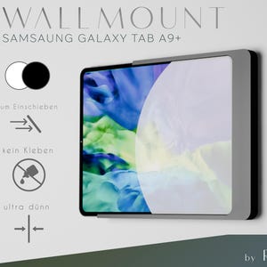 May include: A wall mount for a Samsung Galaxy Tab A9+ tablet. The mount is designed to be ultra thin and easy to install. It features a slide-in design, so no glue is needed.