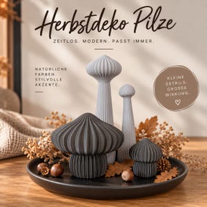 Op de afbeelding: Vier paddestoelvormige decoratieve objecten in grijstinten en antraciet, met verticaal geribbelde texturen. De afbeelding bevat de tekst: Herbstdeko Pilze, Zeitlos. Modern. Passt immer., Natürliche Farben. Stilvolle Akzente., Kleine Details. Grosse Wirkung.
