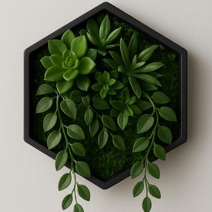 Può includere: Decorazione murale esagonale con una selezione di piante grasse e fogliame verdi. Le piante sono disposte su un letto di muschio verde all'interno di una cornice nera. Le foglie hanno un aspetto realistico.