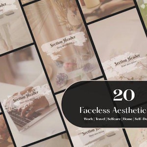 May include: A collage of 20 aesthetic video clips for social media. The clips feature a variety of themes, including work, travel, self-care, home, and self-development. The clips are all faceless and feature a muted color palette.