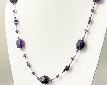 Amethyst Stone Necklace, Long Purple and Silver Necklace, Chunky Amethyst Necklace