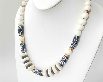 African Trade Bead Necklace, Black and White Chunky Necklace