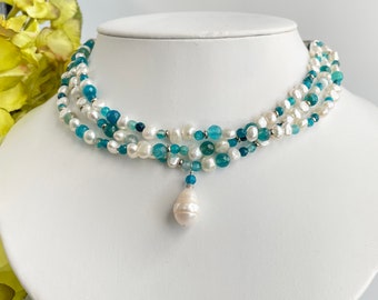 White and Blue Necklace, 3 Strand Pearl and Agate Necklace, Pearl Pendant Necklace