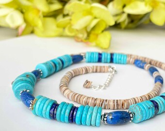 Hubei Turquoise Necklace, Blue Turquoise and Lapis Necklace, Graduated Disc Turquoise Bead Necklace