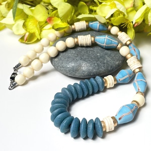 African Trade Bead Necklace Gift for Her Java Cross Bone Ostrich Shell Boho Jewelry