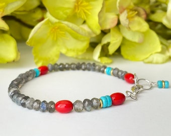 Labradorite Bracelet, Labradotite & Red Coral Bracelet