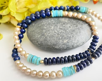 Lapis and Pearl Necklace, Blue and Gold Colorblock