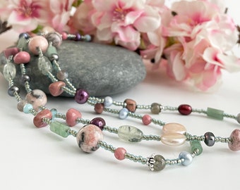 36" Multi-Bead Necklace, Long Rhodonite and Pearl Necklace