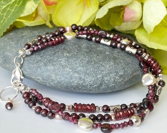 3 Strand Bracelet, Adjustable Garnet Bracelet