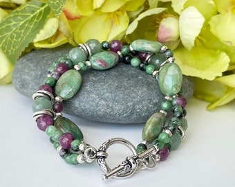 Green Aventurine Bracelet, Ruby Fuchsite Bracelet, 3 Strand Bracelet