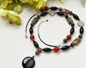 32" Fall Colors Necklace, Long Gemstone Bead Necklace, Onyx Pendant Necklace