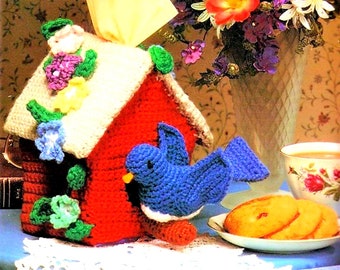 INSTANT DOWNLOAD PDF Vintage Crochet Pattern  Bird Box House Tissue Box Cover Bluebird Spring Wreath