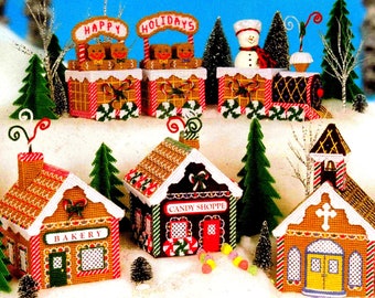 Plastic Canvas Pattern  Christmas Gingerbread Village  Holiday Decoration  Gingerbread Town House Candy Shop Bakery Church Express Train