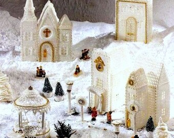Vintage Crochet Pattern Lacy Christmas Village White Thread Crochet Town PDF Instant Digital Download Centerpiece or Mantel Decor