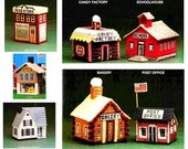 Plastic Canvas Village Toy Town Mini Houses Miniatures School Candy Store Bakery Post Office Train Depot Drug Store Shop
