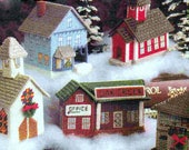 Plastic Canvas Christmas Holiday Village Toy Town Mini Houses Miniatures Church School Ornament Table Decoration