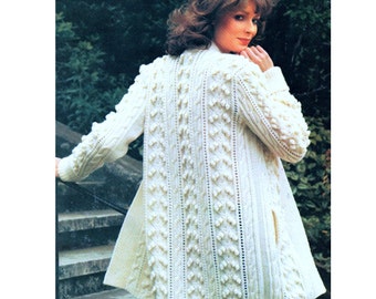 INSTANT DOWNLOAD PDF Vintage Knitting Pattern   Edge to Edge  Aran Jacket Swing Coat Cardigan Cable