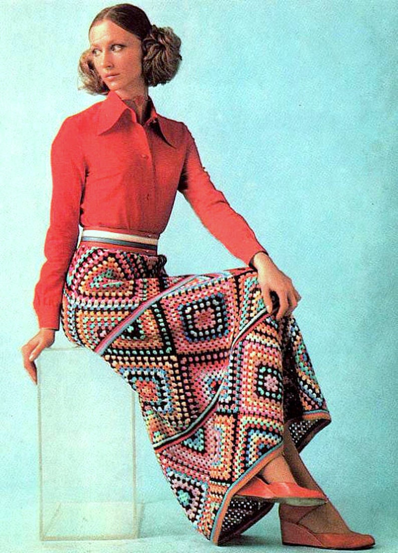 INSTANT DOWNLOAD PDF Vintage Crochet Pattern Granny Squares Maxi Skirt Retro Boho Festival image 2