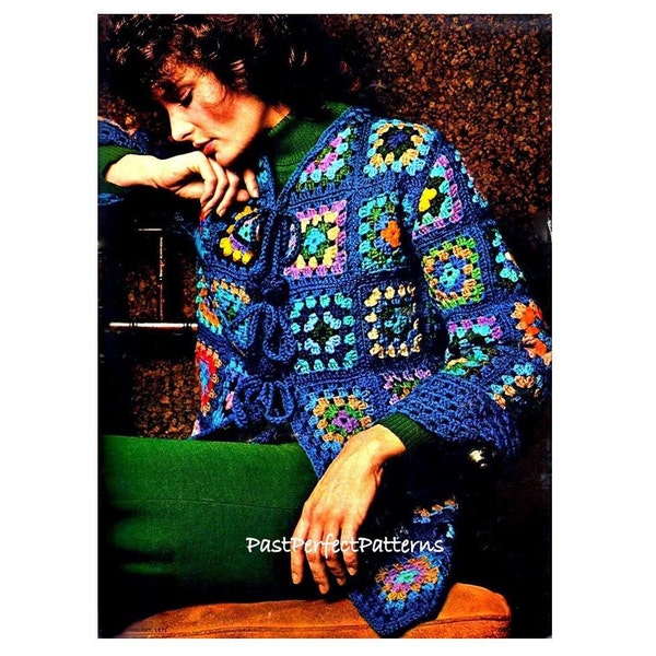 INSTANT DOWNLOAD PDF Vintage Crochet Pattern   Granny Squares Jacket Wrap Coat  1970s Retro