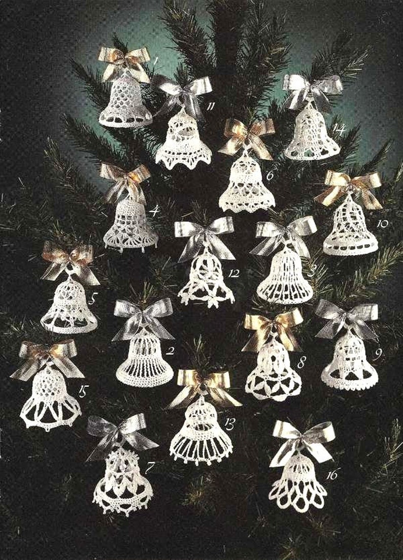 Vintage Crochet Pattern 16 Bells Ornaments Christmas Weddings White Thread Christmas Tree Decorations Wedding Favours Favors Tree Trims image 1